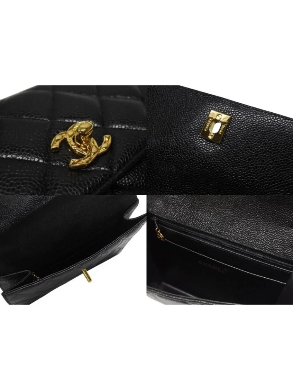 Chanel Bag Caviar Leather CC Logo Black Vintage Gold